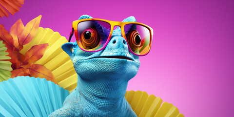 3d cartoon colorful chameleon wearing sunglasses on colorful background, copy space - obrazy, fototapety, plakaty