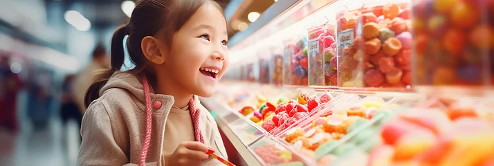 Foto auf Glas Girl choosing candy in the candy section of a supermarket. © Doraway