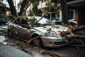 fallen tree trunk on a car on the street after a hurricane. insurance concept