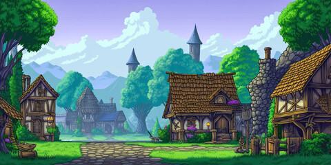 8-bit video game graphics medieval houses town thatched roofs, retro, vintage background, generated ai - obrazy, fototapety, plakaty