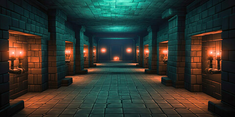 Video game style retro vintage graphics dungeon background, underground level, gaming backdrop, generated ai
