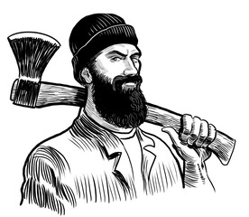 Canadian lumberjack with axe. Hand-drawn black and white illustration - 699386484