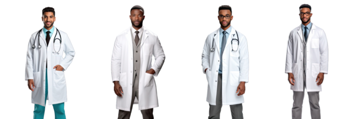 Collection of PNG. Group of multiethnic doctors dressed in white coats standing isolated on a transparent background.