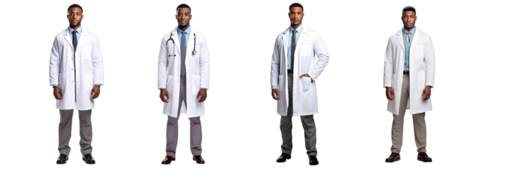 Collection of PNG. Group of multiethnic doctors dressed in white coats standing isolated on a transparent background.