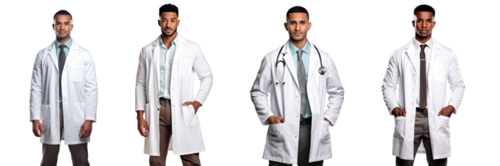 Collection of PNG. Group of multiethnic doctors dressed in white coats standing isolated on a transparent background.
