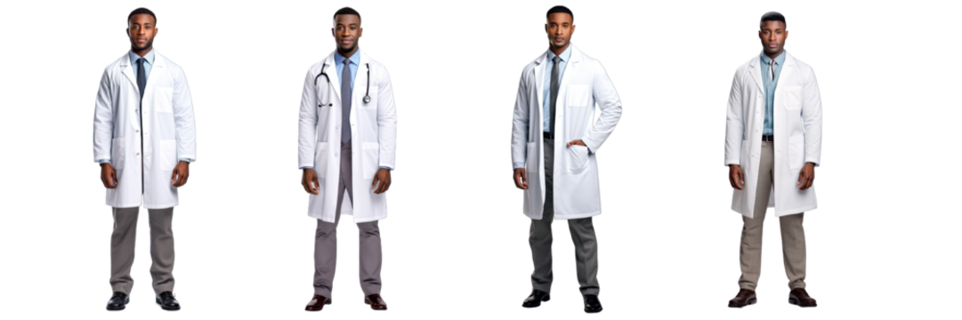 Collection of PNG. Group of multiethnic doctors dressed in white coats standing isolated on a transparent background.