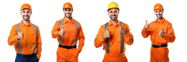 Collection of PNG. Male employee in an orange uniform is smiling and giving thumbs up isolated on a transparent background.