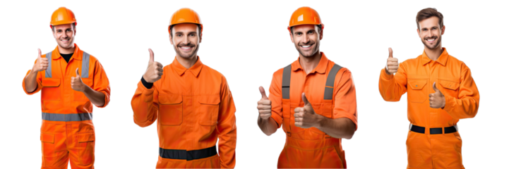 Collection of PNG. Male employee in an orange uniform is smiling and giving thumbs up isolated on a transparent background.