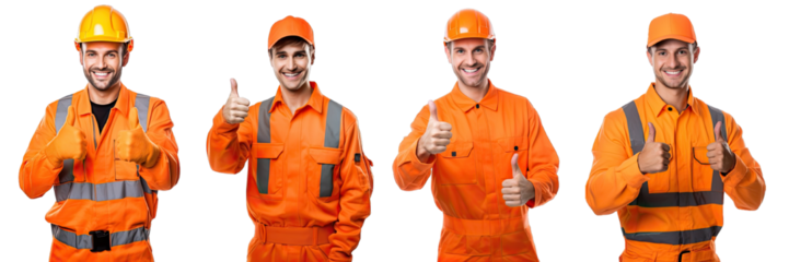 Collection of PNG. Male employee in an orange uniform is smiling and giving thumbs up isolated on a transparent background.