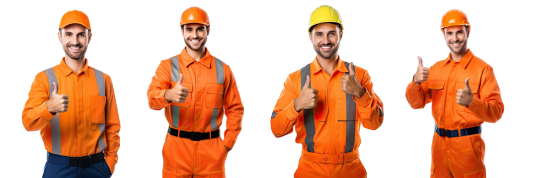 Collection of PNG. Male employee in an orange uniform is smiling and giving thumbs up isolated on a transparent background.