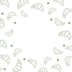 Vector illustration. Contour pattern. Cakes, donuts, croissants, macarons in sketch style. Hand drawn food elements. Desserts and sweets food doodle background with copy space for text.