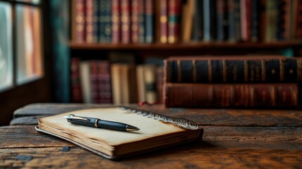 Vintage Notebook and Pen on Wooden Desk