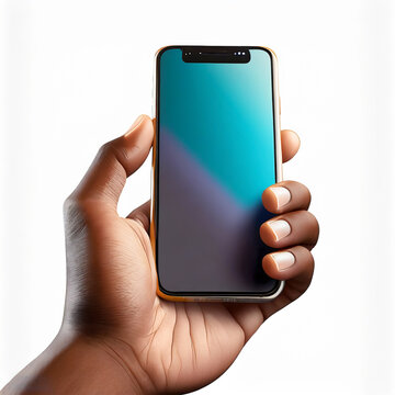 Hand holding the black smartphone iphone with blank screen and modern frameless design in two rotated perspective positions. Generative Ai