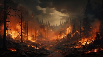 Devastating Wildfire Engulfing Forest at Night - obrazy, fototapety, plakaty
