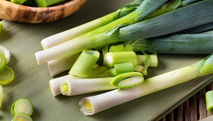 Raw Green Organic Leeks Ready to Chop