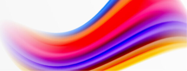 Obraz premium Rainbow color silk blurred wavy line background on white, luxuriously vibrant visually captivating backdrop. Stunning blend of colors reminiscent of rainbow, silky and gracefully blurred wavy pattern