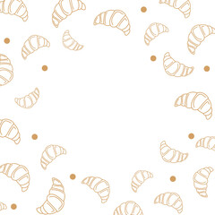 Vector illustration. Contour pattern. Cakes, donuts, croissants, macarons in sketch style. Hand drawn food elements. Desserts and sweets food doodle background with copy space for text.