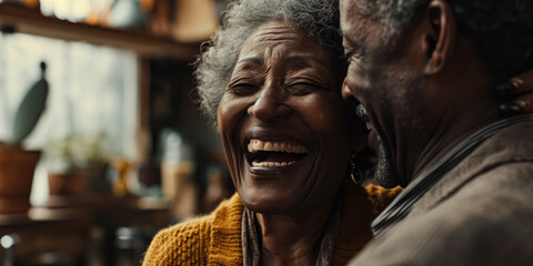 Close up of african american senior couple embracing romance of lovers in happy relationship