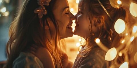 Close-up of happy mother and daughter looking at each other, Mother's day concept - obrazy, fototapety, plakaty