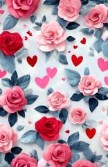 Naklejka premium Vertical Love romantic Valentine's Day wallpaper with a painting-style pattern of red and pink roses and small hearts on a pastel blue surface