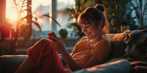 Portrait of beautiful happy young woman using her smart phone relaxing sitting on a sofa in living room