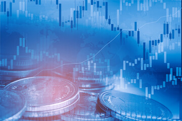 Stock market investment trading financial, coin and Russia flag or Forex for analyze profit finance business trend data background.