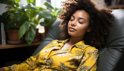 Naklejka premium Young woman sitting on sofa, smiling and relaxing generated by AI