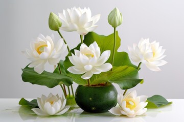 art of arranging flowers: very beautiful white pink lotus flowers in a vase on the table with a light background