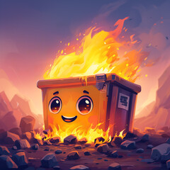 Adorable Flaming Dumpster with Cute Face, on Fire, Silly Ironic Illustration of Fiasco
