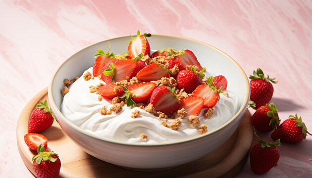 Fresh strawberry yogurt, a healthy and indulgent dessert generated by AI
