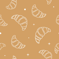 Vector illustration. Contour seamless pattern with cute croissant sketch style. Hand drawn food elements. Desserts and sweets festive pattern for textiles, wallpaper, packaging, wrapping paper.
