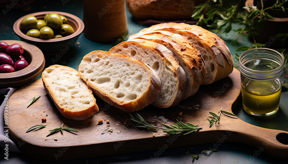 Sticker freshly baked ciabatta on rustic wooden table generated by ai