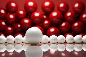 White candies and red sphere on a neutral backdrop