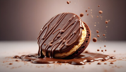 chocolate biscuit half covered with chocolate splash
