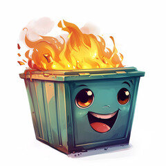 Cute Cartoon Dumpster Fire with Ironic Happy Face, Isolated on White Background