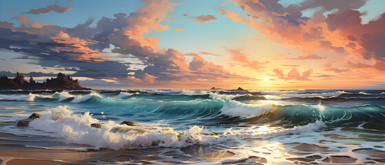 Digital painting of the sea rising into the sky The clear waters with waves crashing into the sky are beautifully colored by the warmth of the sun rising above the horizon. Pleasant atmosphere. - obrazy, fototapety, plakaty