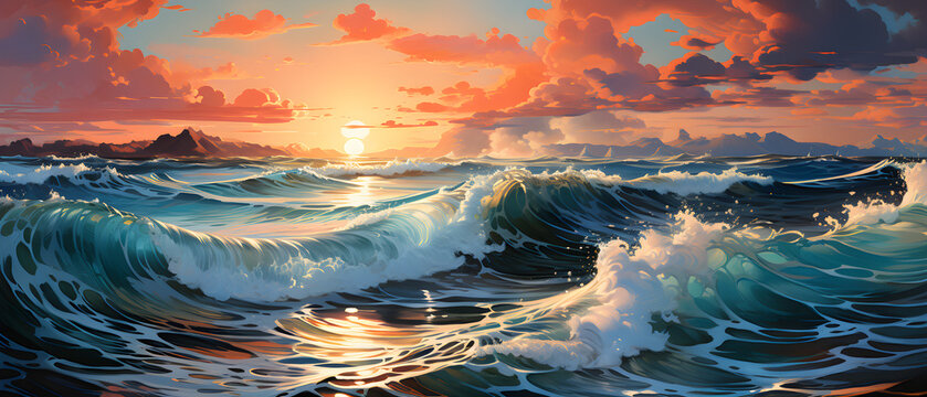 Digital painting of the sea rising into the sky The clear waters with waves crashing into the sky are beautifully colored by the warmth of the sun rising above the horizon. Pleasant atmosphere.