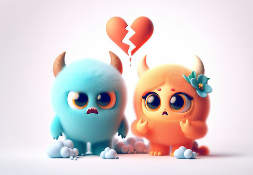 Cute Sad 3d Render Couple heart-broke Valentine's Day