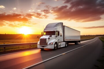 A semi truck driving down a highway at sunset