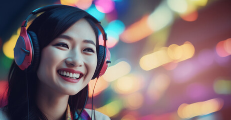A woman wearing headphones and smiling at the camera