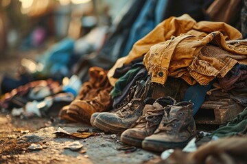 A pile of discarded old clothes and shoes in the middle of a slum - obrazy, fototapety, plakaty