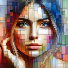 Front view of a pretty woman' face, using a uneven grid of colorful shapes​, realistic photograph, impasto, embossed
