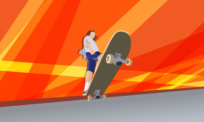 A young girl on a skateboard. Abstract background in red tones.