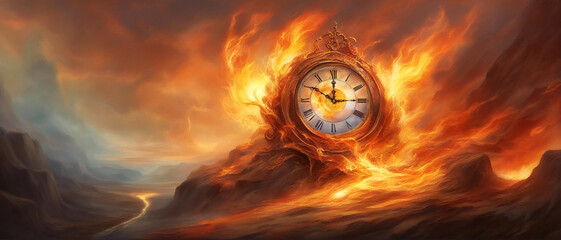 a giant clock on top of a mountain burning fire