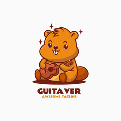 Vector Logo Illustration Guitar Beaver Mascot Cartoon Style