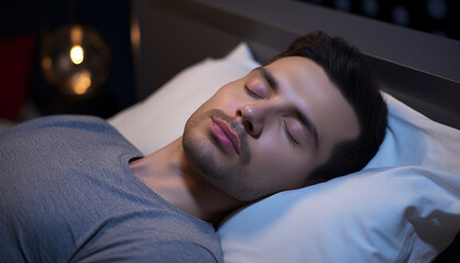 Young adult man napping in comfortable bedroom generated by AI