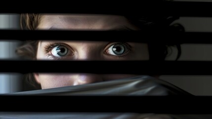 Terrified young woman's eyes looking through windows blinds
