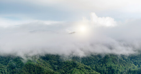 Landscape of mountain covered fog