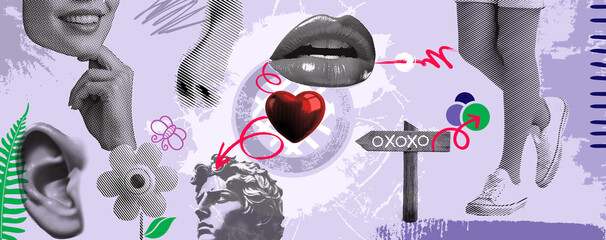Collage vector illustration grunge banner with elements like red heart, lips, eyes, nose, open mouth, walking state, and gift box on retro grunge textured background.