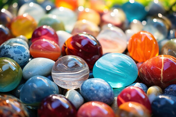 Fototapeta na wymiar Beautiful background with multi-colored glass spheres and polished stones